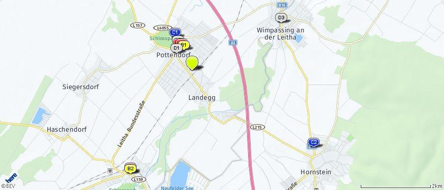 Nahversorger (Banken, Post, Tankstellen, Trafiken) Der hellgrüne Punkt markiert den Immobilienstandort, die Nahversorger im Umkreis werden mit farblichen Pins angezeigt.