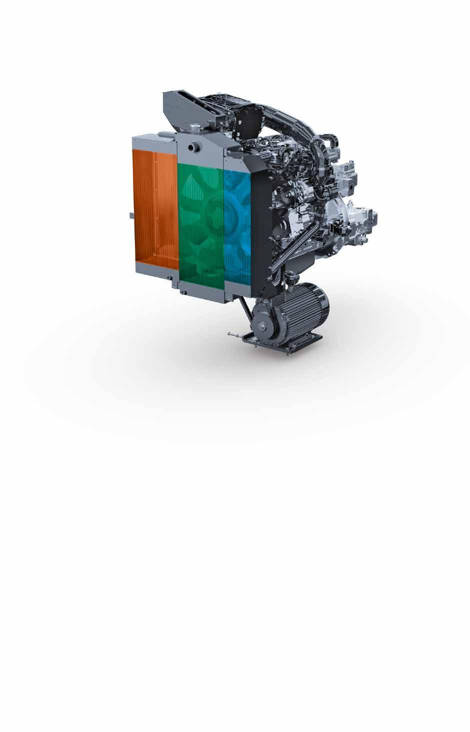 Volle Power, intelligente Technik Drei Hauptkomponenten bilden die Antriebseinheit des : der groß dimensionierte Mehrfeldkühler, ein moderner, flüssigkeitsgekühlter Dieselmotor und ein direkt am