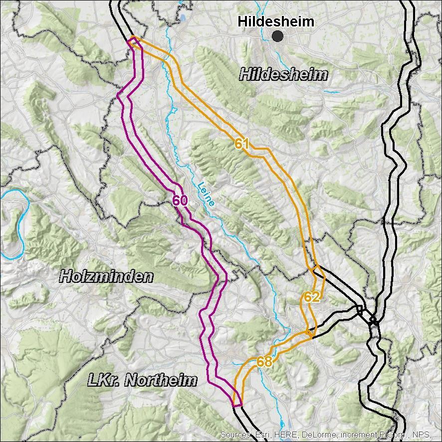 Kurzbeschreibung des Vergleichsfalls Beide Alternativen verlaufen durch die Landkreise Region Hannover (TKS 60, 61), Hildesheim (TKS 60, 61, 62) und Northeim (TKS 60, 61, 62, 68), die Alternative 1