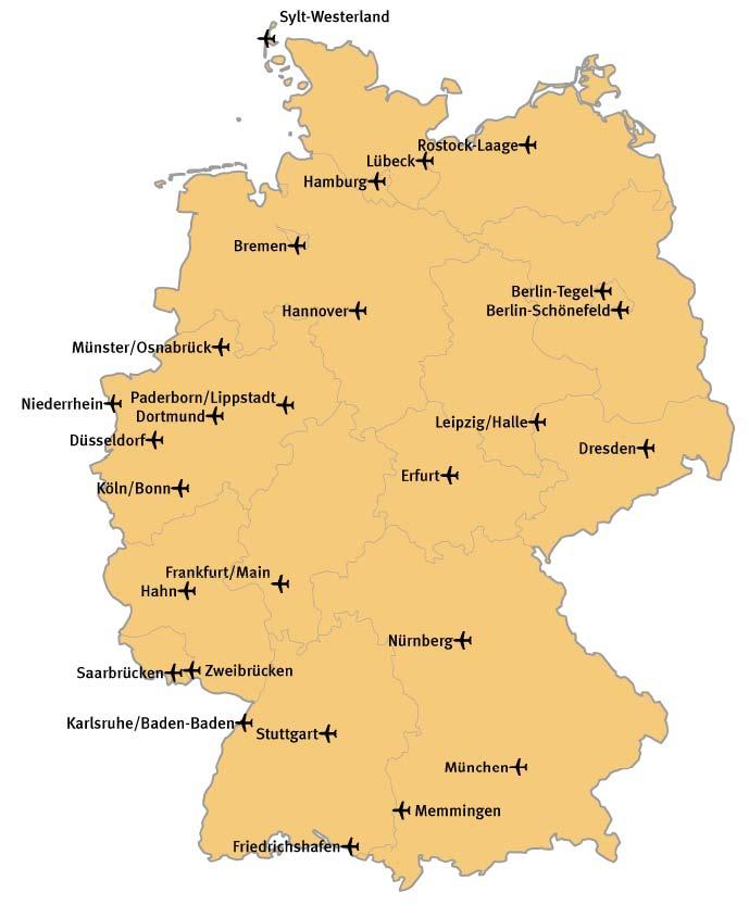 Karte der 27 ausgewählten Flughäfen *) in Deutschland Stand: 2011 *) Flughäfen mit mehr als 150 000