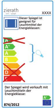 ENERGIEEFFIZIENZKLASSEN Die Verordnung (EU) Nr. 874/202 sieht eine Pflicht zur Energieverbrauchskennzeichnung für Leuchten vor. Danach gelten auch beleuchtete Spiegel als Leuchten.