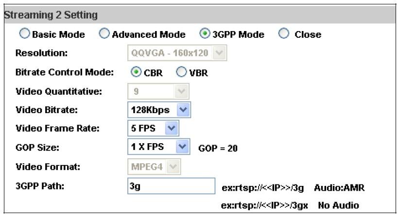 erweiterten Modus: Auflösung: Bitrate: VGA 640X480 - QVGA 320X240 - QQVGA 160X120 CBR (konstante Bitrate): 32 kbps 4 MBps oder VBR (variable Bitrate): 1 (niedrig) ~ 10 (hoch) Videomenge: Regelung für
