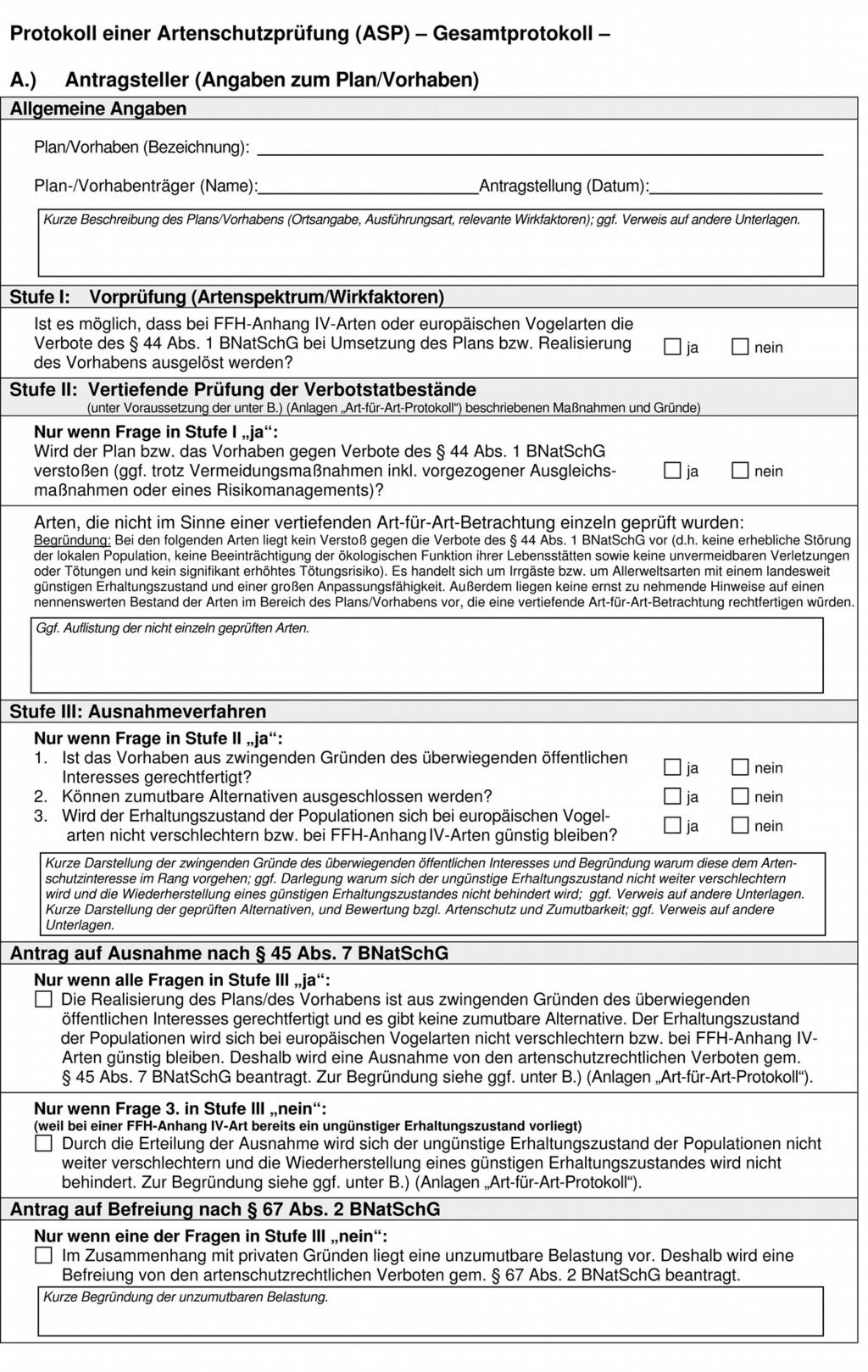 Abb. 1 Protokoll einer artenschutzrechtlichen Prüfung (Quelle: Artenschutz in der Bauleitplanung und bei der baurechtlichen Zulassung von Vorhaben emeinsame Handlungsempfehlung