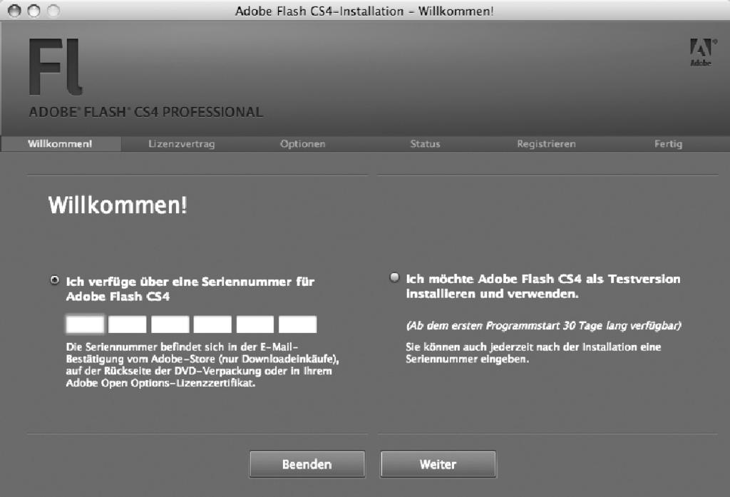 1 Neu in Flash CS4 Adobe-Website zum Thema Produktaktivierung: http://www.adobe.com/de/ products/activation Abbildung 1.