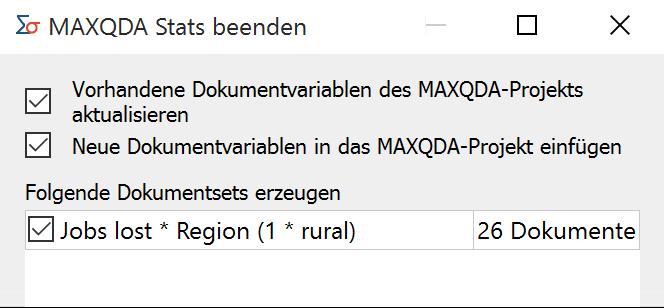 Dokumentsets auswählen beim Beenden von MAXQDA Stats Tipp: In der Statusleiste von MAXQDA Stats sehen Sie jederzeit die Anzahl der in Stats gespeicherten Dokumentsets.