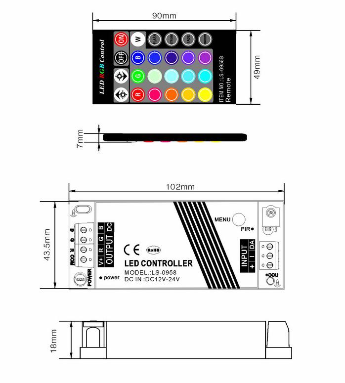2. Beschreibung - Kontrollierbar durch Knopf am Kontroller oder per IR Fernbedienung (max Abstand 7 Meter) - Für alle SMD 3in1 LEDs mit 4 Drähten (RGBV+) - 15 Farbvariationen, und diverse Fades uns