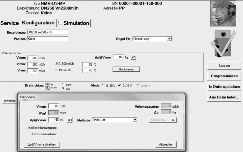 Inbetriebnahme Parametrierung mit Belimo PC-Tool (MFT-P) Vorbereitung MFT-P Freischaltcode ist eingegeben (Freischaltung von Kalibrierfunktion und nom -Feld) Bitte wenden Sie sich für den