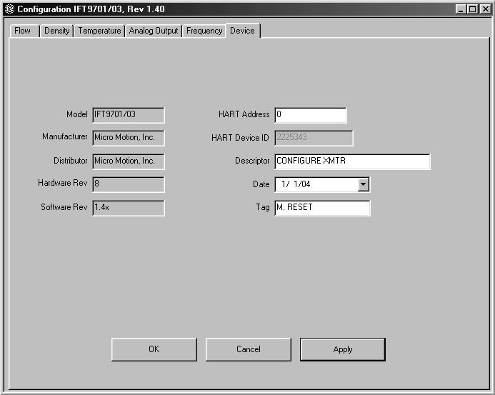 Konfiguration mittels ProLink II Software Fortsetzung Abb. 6-1 Fenster Konfiguration Registerkarte Device Inbetriebnahme des Durchfluss-Messsystems Konfiguration mittels HART -Handterminal 6.2.