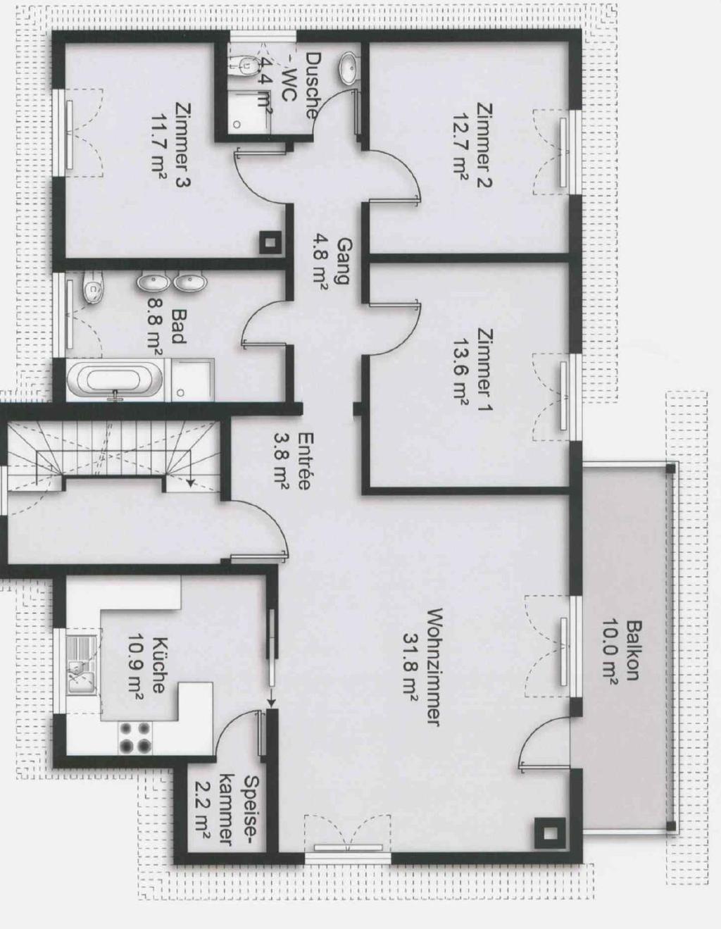 8 m² Bad / WC / WT 8.8 m² Dusche / WC 4.4 m² Küche 10.