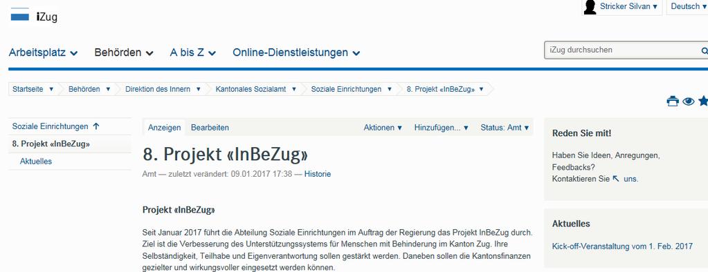 Projekt InBeZug unsere Koordinaten Kantonales Sozialamt Soziale Einrichtungen Neugasse 2 / Postfach 6301 Zug www.