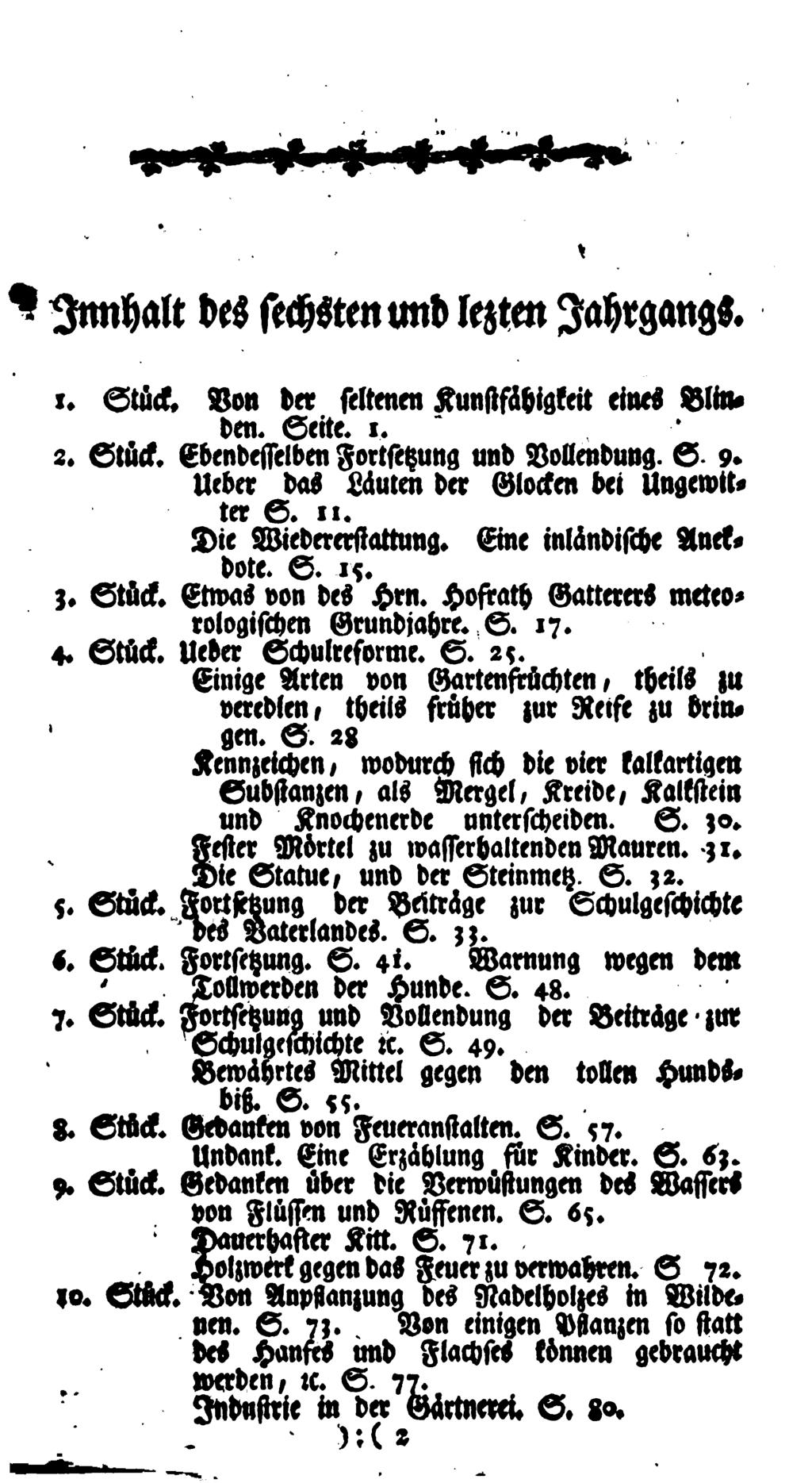 ^ Innhalt des sechsten und lezten Jahrgangs. r. Stück. Von der seltenen Kunstfähigkeit eines Blin, den. Seite, l. s. Stück. Ebendesselben Fortsetzung und Vollendung. S s.