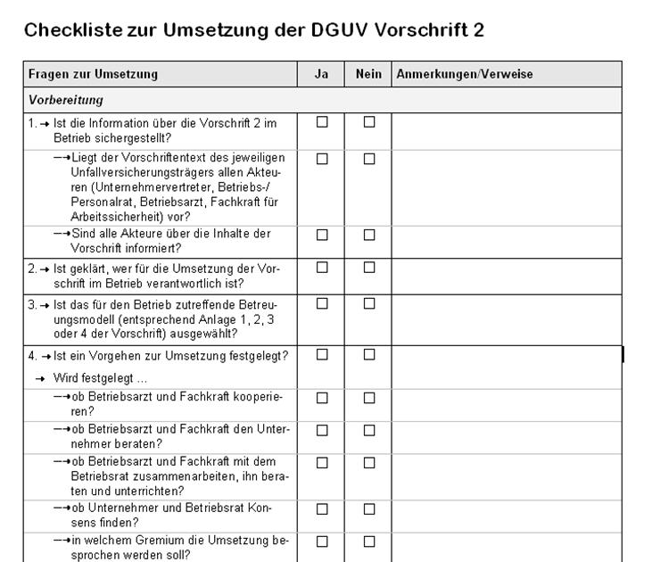 Checkliste zur Umsetzung der 16 Eckpunkte Ausriss Checkliste DGUV Vorschrift 2 Betriebsärzte und Fachkräfte für Arbeitssicherheit Handlungshilfe: