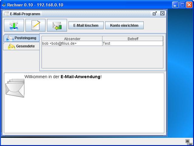 Klicken Sie auf den Button Konto einrichten und tragen Sie die Informationen Ihres Email-Servers ein (Name: bob, Email-Adresse: bob@filius.