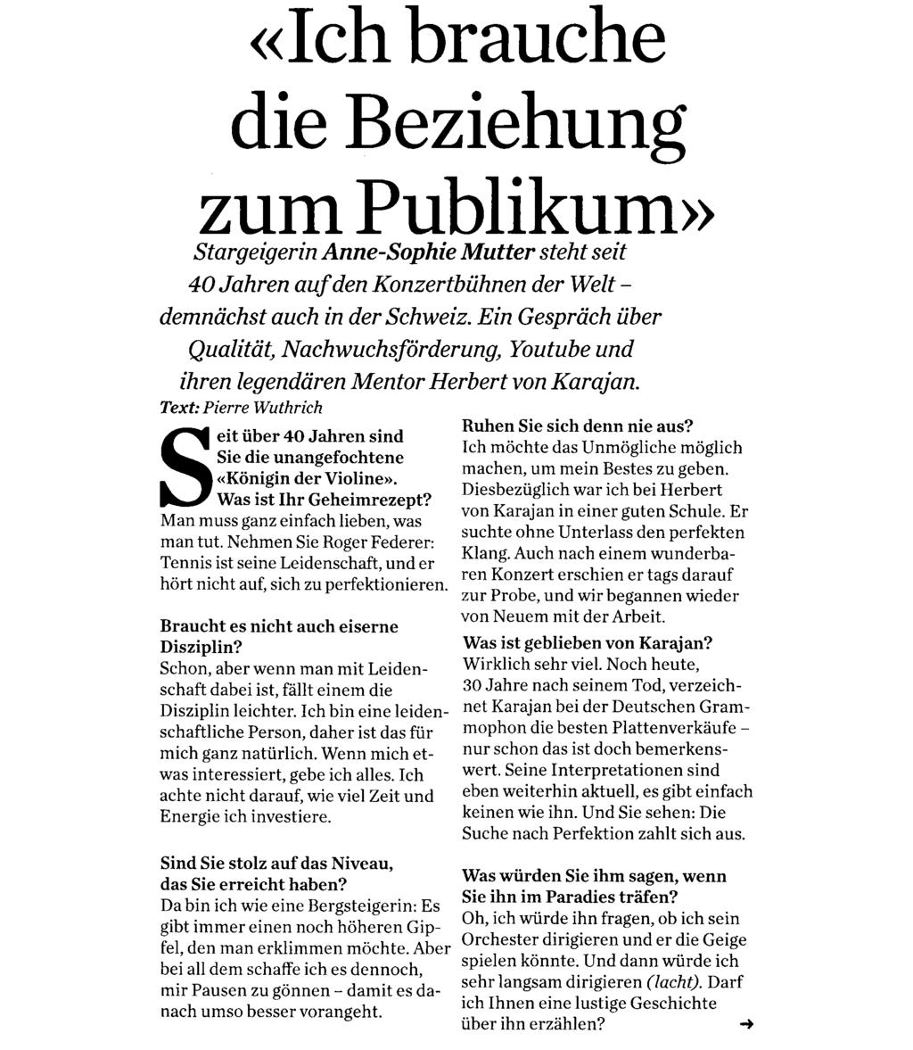 Migros-Magazin Ausschnitt Seite: 1/5 «Ich brauche die Beziehung zum Publikum» Stargeigerin Anne-Sophie Mutter steht seit 40 Jahren auf den Konzertbühnen der Welt - demnächst auch in der Schweiz.