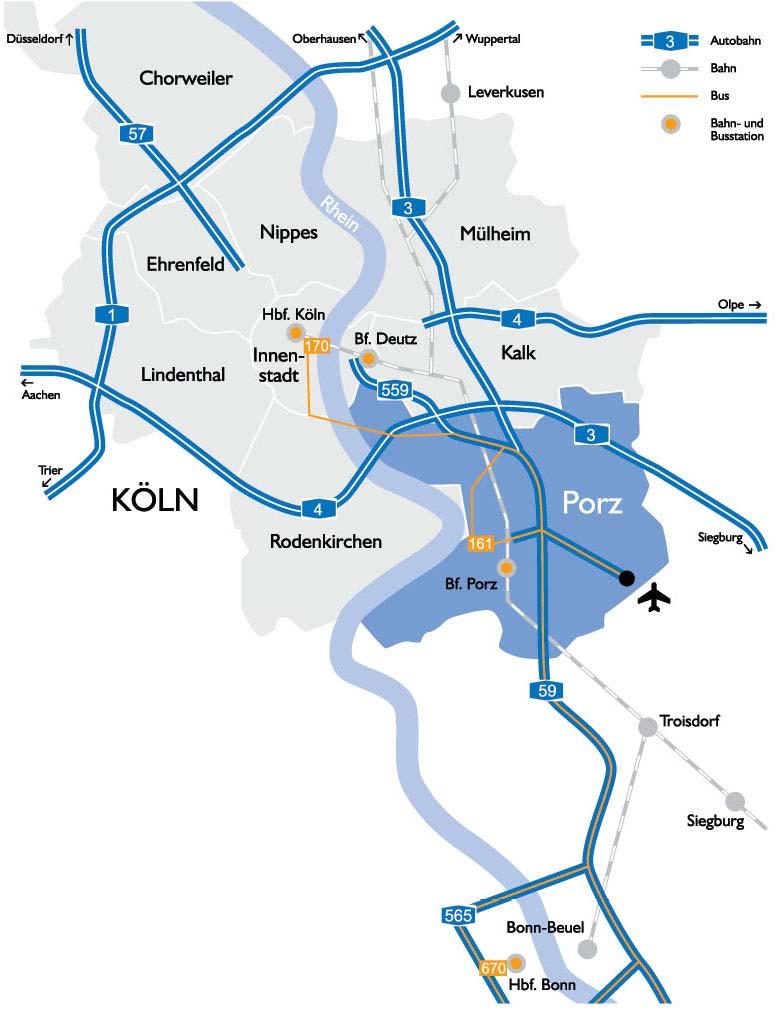 Makrostandort Der Stadtteil Porz liegt im Südosten von Köln, direkt am Rhein. Wirtschaftlich geprägt wird die Region vor allem vom Flughafen Köln/Bonn. Porz ist ein Zentrum der Forschung.