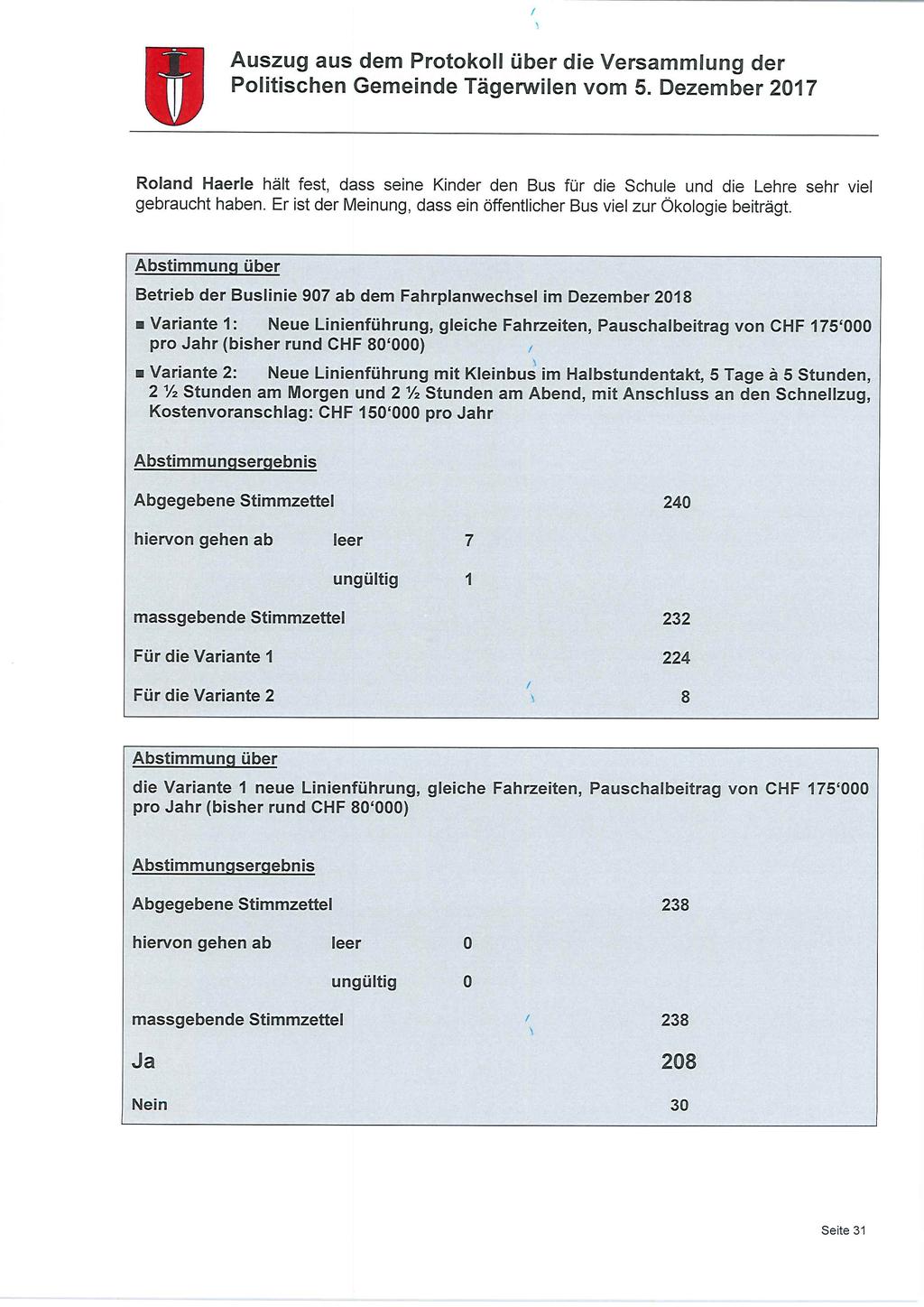 Auszug aus dem Protokoll über die Versammlung der Politischen Gemeinde Tägerwilen vom 5.