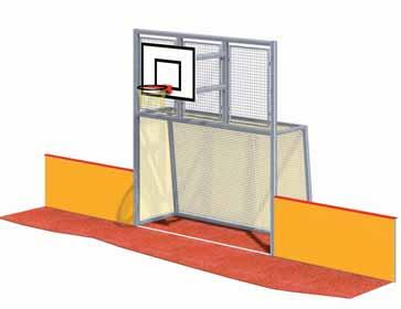 2,00 m aus dickwandigem Formrohr erzeugt. - Basketballanlage mit Zielbrett, Korb und Ballfang aus Metallgitter - Rückwand und 1 Seitenwand aus 30 mm Metallstäben mit Abstand lt. EN 15312.
