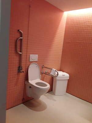 Die WC-Tür ist ohne Schlüssel zu öffnen. WC Es ist ein Unisex-WC (Damen/Herren). Es ist ein WC für Menschen mit Behinderung vorhanden. Tiefe der WC-Schüssel: 55 cm.