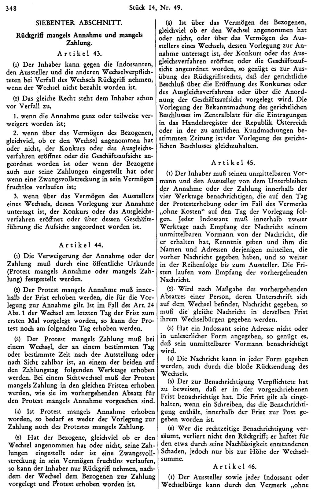 348 Stück 14, Nr. 49. SIEBENTER ABSCHNITT. Rückgriff mangels Annahme und mangels Zahlung. Artikel 43.