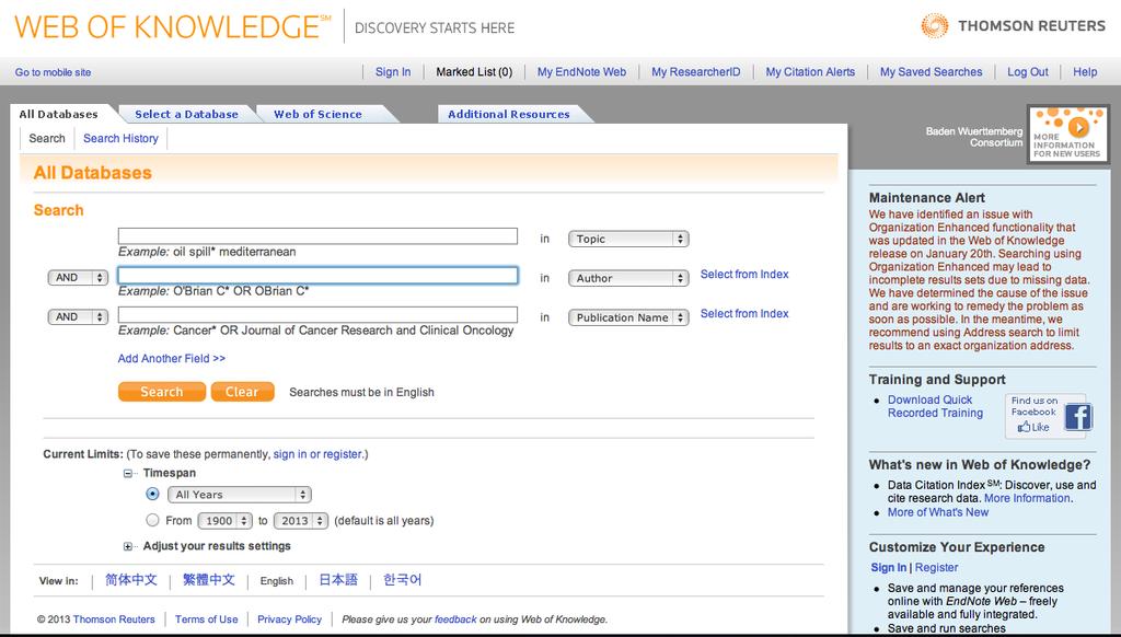 Web of Science Beispiel: Suche nach Autor, Datum, Zeitschrift, Titel, usw.