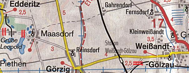 Das OE Edderitz dürfte in Höhe der Bahnlinie sein -> Variante 1: An der nachfolgenden T-Einmündung auf die gelbe Straße r.a., auf dieser gelben Straße verbleiben und oberhalb vom See nach Pfaffendorf fahren.