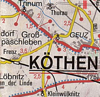 Anhand der Kartenkilometrierung gibt es nur einen Weg von Pfaffendorf nach Gröbzig, danach auf der gelben Straße rechts von Gerlebogk auf die rote Straße, r.a. Ri Köthen, durch Dohndorf nach Kleinwülknitz.