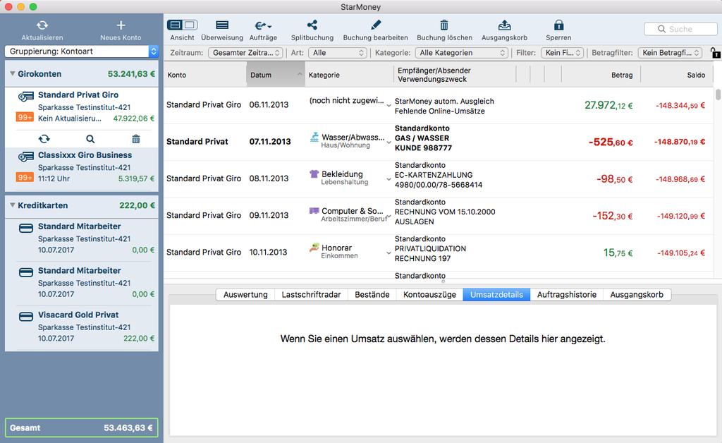 1. Anzeige mehrerer Konten in der Umsatzliste Sie können in StarMoney 3 für Mac wählen, ob in der Umsatzliste nur die Umsätze des gewählten Kontos oder die Umsätze mehrerer Konten angezeigt werden