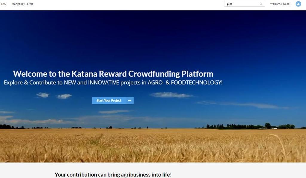 Schritt 7: Katana-Crowdfunding-Startseite öffnet sich - Sie sind eingeloggt Neben Ihrem Benutzername (rechts oben auf der Seite) in das Suchfeld geco eingeben und auf folgender Seite auf die