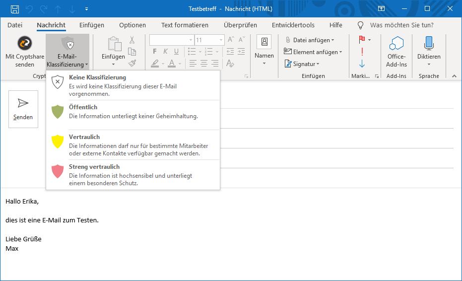 E-Mail-Klassifizierungen Neben E-Mail Verschlüsselung bietet Cryptshare die Möglichkeit, die Klassifizierung von Daten vor der Übermittlung mit Microsoft Outlook vorzunehmen.