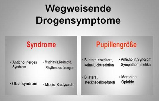 4 Diagnostik Die Diagnose einer Drogenintoxikation st utzt sich zum einen auf die klinischen Symptome als Hinweis auf den Wirkstoff.