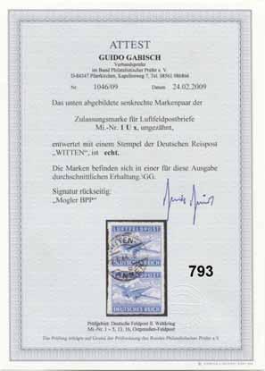 85 Deutsches Reich 793 Zulassungsmarke für Luftfeldpostbriefe Fotoattest (24.2.2009) Gabisch BPP: ".. Das... senkrechte Markenpaar.