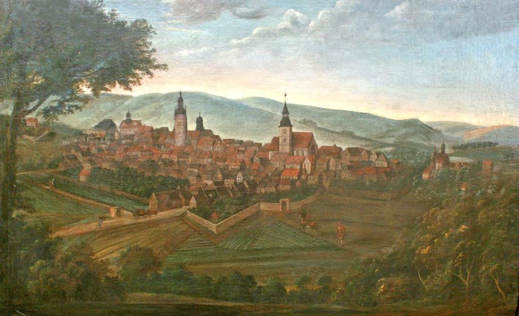 Öl auf Leinwand, Ende 17. Jh.: Dieses Gemälde zeigt Gera einige Jahre nach dem Stadtbrand von 1686.