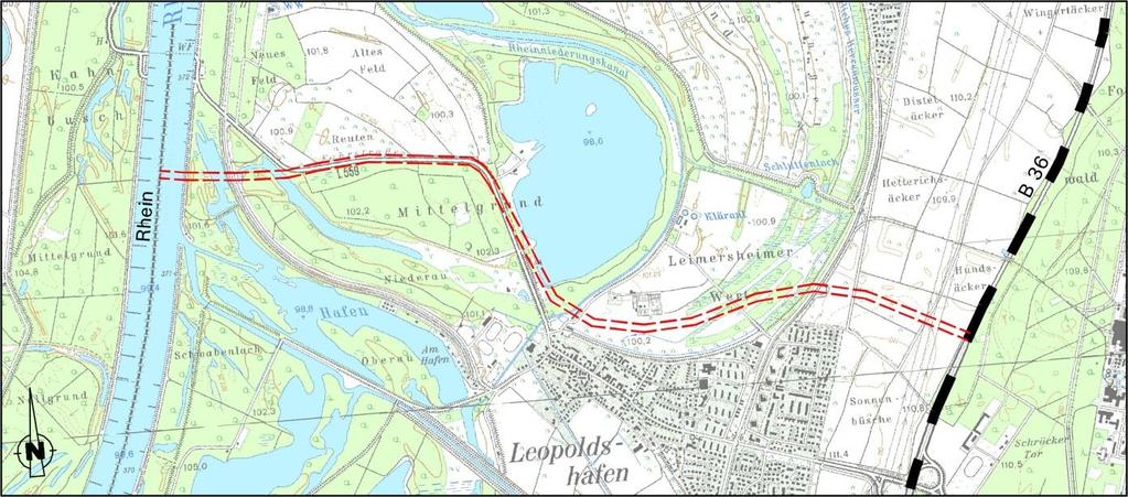 4 Variante F Streckenlänge: ca. 4,6 km Sonstige Info: Trasse verläuft über eine Streckenlänge von ca. 1,1 km im Bereich eines vorhandenen Verkehrsweges (L 559) Variante F führt zunächst vom Rhein ca.