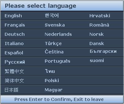 4. Wenn Sie den Projektor zum ersten Mal einschalten, wählen Sie nach der Anzeige der Anweisungen auf dem Bildschirm eine Sprache für das OSD-Menü aus. 5.