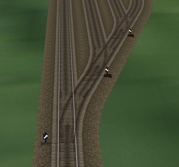 Als Beispiel ein Bild in der 3D - Ansicht: Für größere Gleisabstände sind zwischen den Weichen Gleisstücke mit entsprechender Länge einzusetzen. Dies ist dem User überlassen.