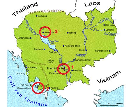 1) Flug nach Phnom Penh 2) Busfahrt nach Sihanoukville 3) Busfahrt zurück nach Phnom Penh, Siem Raep und Bangkok Aufgepasst!