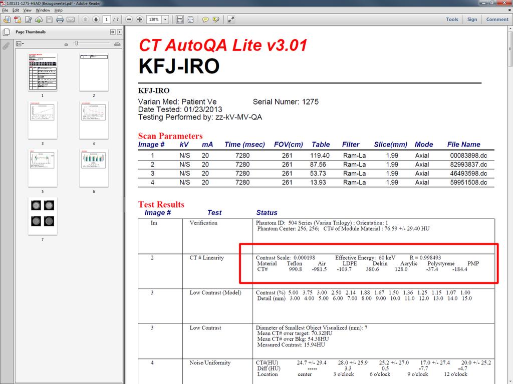 Den PDF-Report über das Menü Reporting Functions > Save Report as PDF File am Physik- Laufwerk speichern. Der Pfad ist: Q:\CT\AutoQA\Test Reports. Ein Shortcut Test Reports auf PHYSIK weist den Weg.