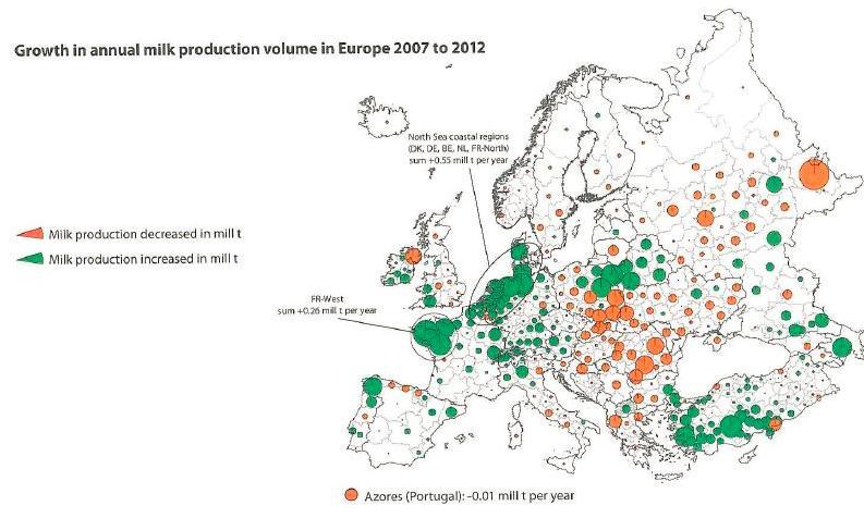 EU-Milchproduktion 2007/12: Entwicklung in Regionen (IFCN, 2013) v.a.