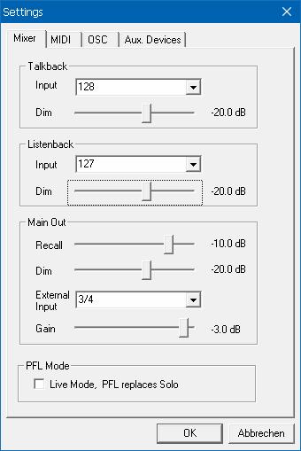 18.7 Settings Über das Menü Options oder direkt über F3 öffnet sich die Dialogbox Settings. 18.7.1 Mixer Page Auf der Mixer-Seite werden typische Mixer-Settings konfiguriert, wie Talkback-Quelle,