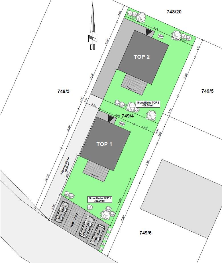 TOP Gesamt- grundfläche Keller Bebaute Fläche Haus Terrasse PKW- Abstellplatz mit Grünfläche Garten und Wege Nettoraumfl äche EG+OG Dachform 1 398,00 m² 57,72