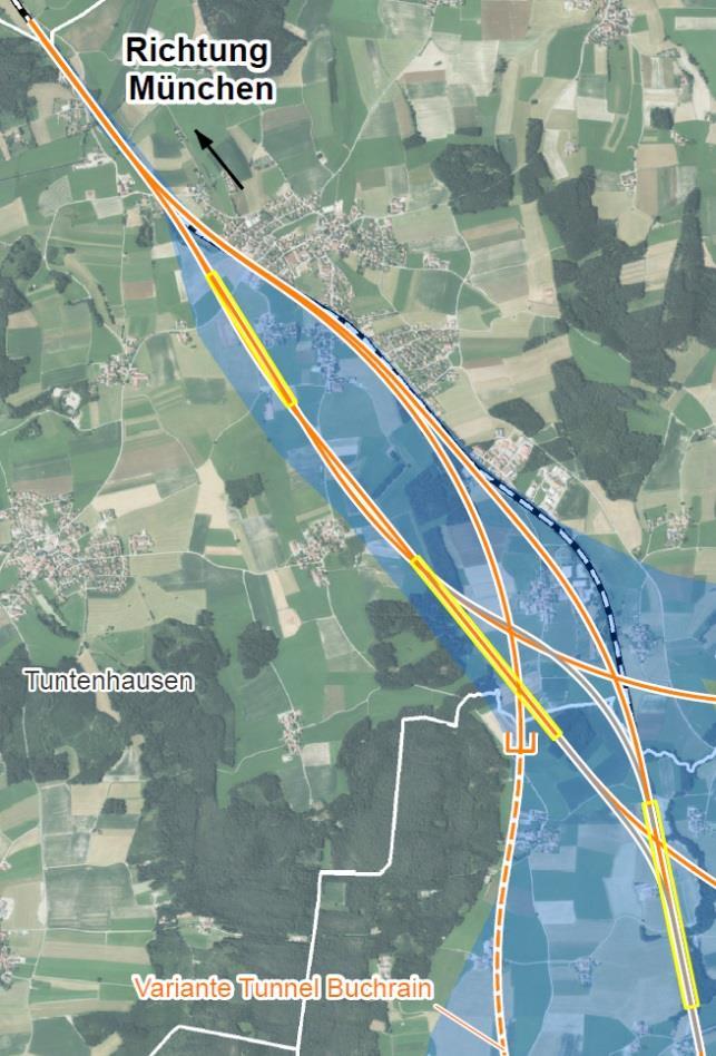 Verknüpfungsstelle Rosenheim-Nord (Grobtrasse Eigenholz) Infrastrukturanpassungen, u.a. Verlegung Bestandsstrecke 5510 zwischen Bach (Höhe Tattenhausen) und Kronbichl Verlegung Bf Ostermünchen (ca.