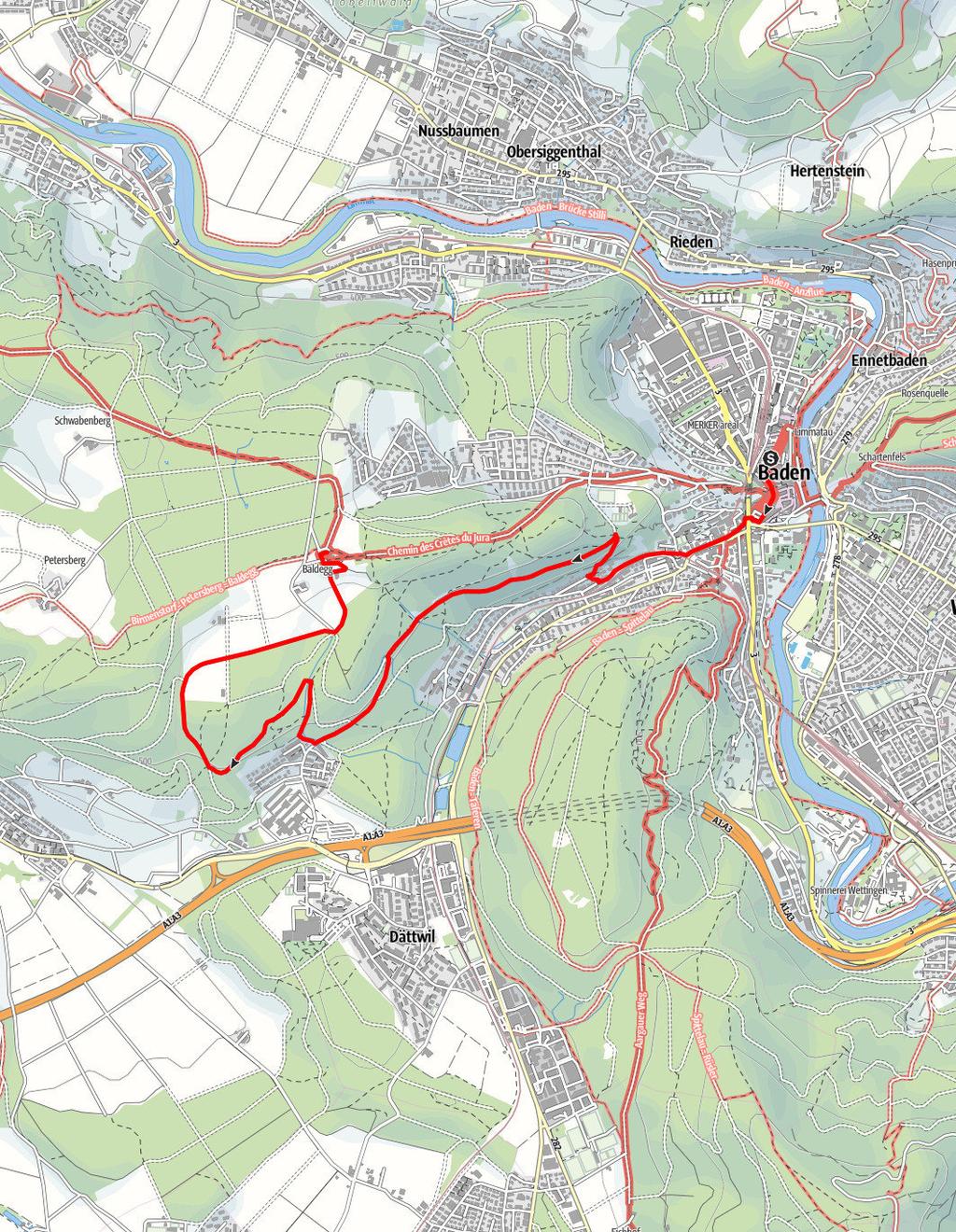 PW Baden AG, 6 km 6,3km 1:30Std 260m 75m Schwierigkeit leicht Kartengrundlagen: outdooractive Kartografie;