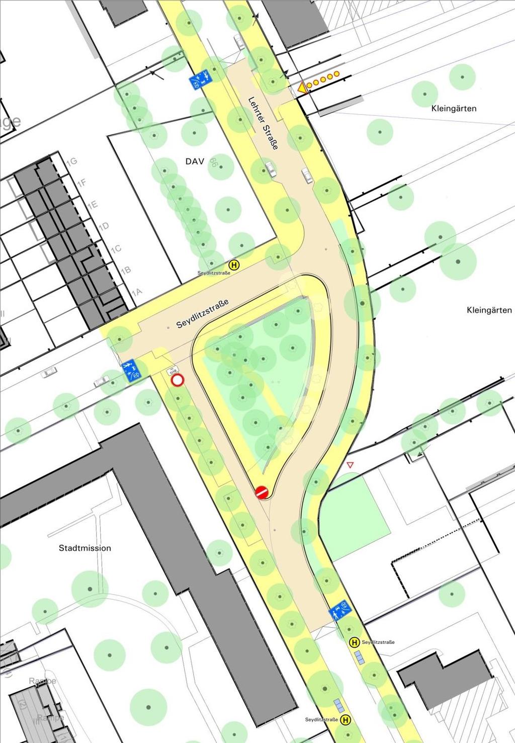 Variante 02 Ausführung als Verkehrsberuhigter Bereich Aufpflasterung der Fahrbahn Betonung der Verkehrsführung (Hbf / Sportpark) Barrierefreiheit