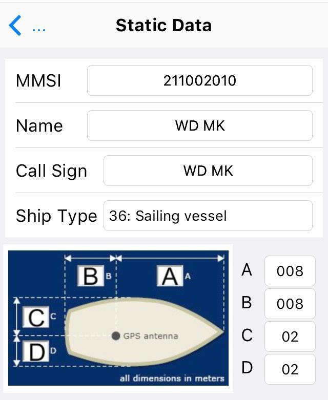 Hier können Sie nun Ihre eigenen Schiffsdaten MMSI Schiffsname Rufzeichen (call sign) eingeben. Darüber hinaus können Sie den Schiffstyp auswählen, der Ihrem Boot entspricht.