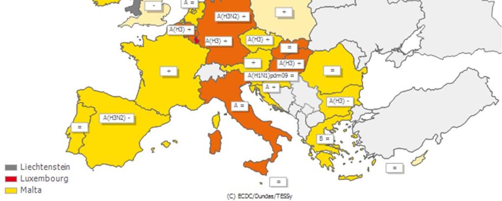 bzw. -subtyp pro Land in Europa, 6. KW (http://www.ecdc.europa.eu/en/healthtopics/seasonal_influenza/epidemiological_data/pages/latest_surveillance_data. aspx, abgerufen am 17.2.215).
