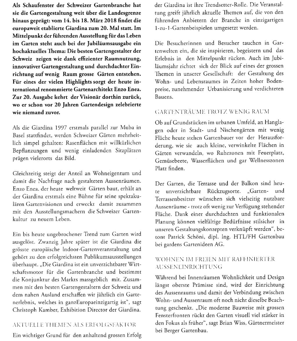 Ausschnitt Seite: 4/9 Als Schaufenster der Schweizer Gartenbranche hat sie die Gartengestaltung weit über die Landesgrenze hinaus geprägt: vom 14. bis 18.