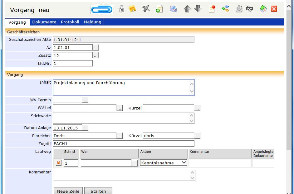 Vorgang anlegen Ein Vorgang bildet einen (Geschäfts-)Prozess ab, dem verschiedene Dokumente zugeordnet werden können und an dem verschiedene Mitarbeiter beteiligt sind.
