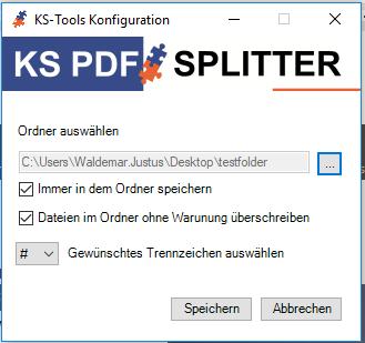 Anwendungen KS PDF-Splitter Konfiguration PDF Main: Splittet die PDF-Datei in einzelne Blätter und speichert diese in dem Gewünschtem Ordner. Die App ist als.exe Datei zu installieren.