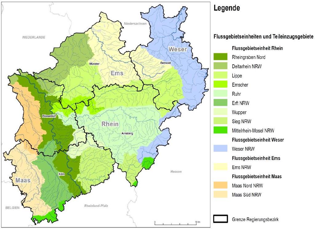 Abbildung 2: Abgrenzung der Flussgebietseinheiten in NRW Zur aktiven Einbeziehung der interessierten Stellen und Information der Öffentlichkeit wurden in den Jahren 2013 und 2014 die