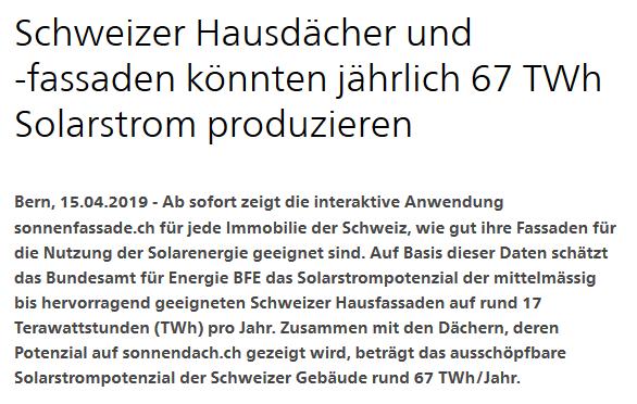 Potential Sonne in der Schweiz BFE / PSI 2017 Potentiale, Kosten
